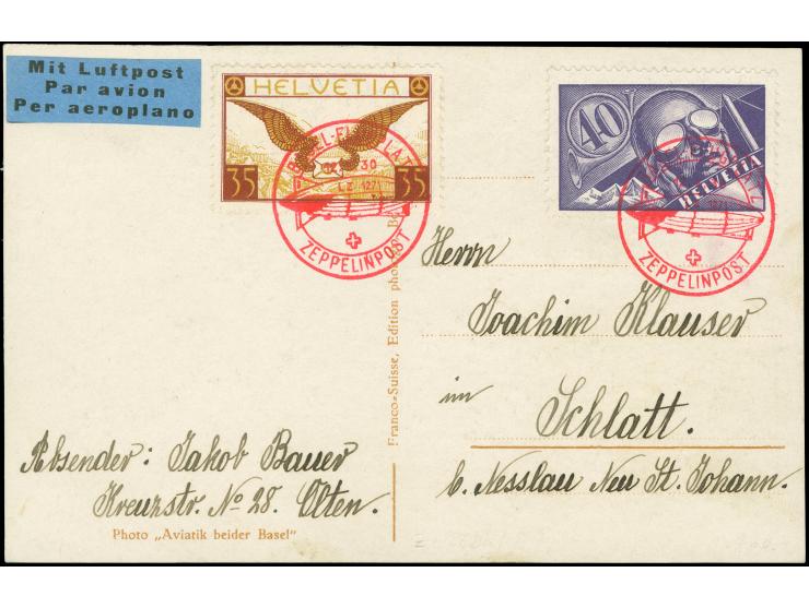SCHWEIZ : 1929 Zürichfahrt, BERN Flugplatz GA mit ZusFr 35 C. Luftpost, roter SoSt 2.11.29, Abwurf St. Gallen 2.11.29, dazu Z
