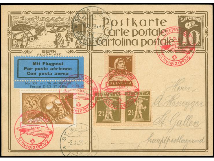 SCHWEIZ : 1929 Zürichfahrt, BERN Flugplatz GA mit ZusFr 35 C. Luftpost, roter SoSt 2.11.29, Abwurf St. Gallen 2.11.29, dazu Z