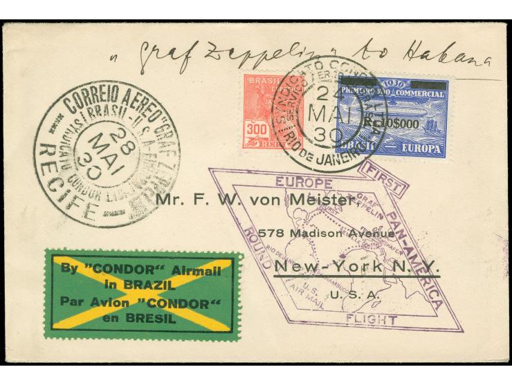 1930, Brasilien Rio-New York, Brief mit 10.000 auf 20.000 Rs blau und Beifr. 300 Rs ab Rio 24.5.30 nach Cuba mit rs. Ank-St.
