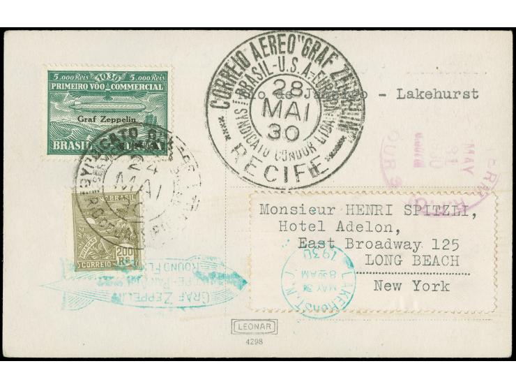 1930, Brasilien Rio-New York, Brief mit 5.000 Rs grün Aufdruck USA und Beifr. 200 Rs ab Rio 24.5.30 nach New York mit grünem 