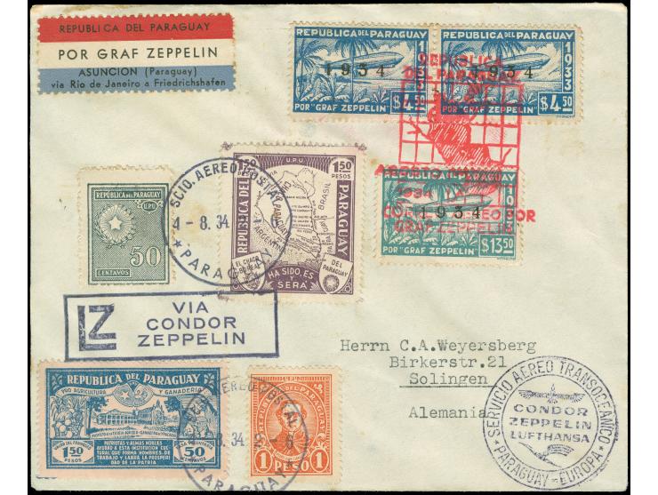 Paraguayische Post: 5. Südamerikafahrt 1934, R-Brief ab Asuncion 14.8. mit 2x 4,50 p. sowie 13,50 p. Zeppelin "1934" in bunte