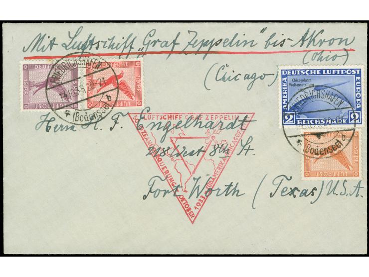 1933, Chicagofahrt Weltausstellung, 2 Mk Chicagofahrt und 10+15 Pf Beifr. auf Brief ab Friedrichshafen 14.10.33 roter Bestäti