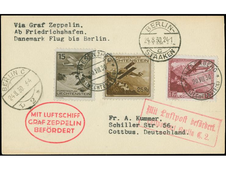 Liechtensteinische Post: Dänemarkfahrt 1930, 1,4 fr. frankierter Brief ab Triesenberg 20.8.30 mit bunter Flugpost-MiF, Berlin