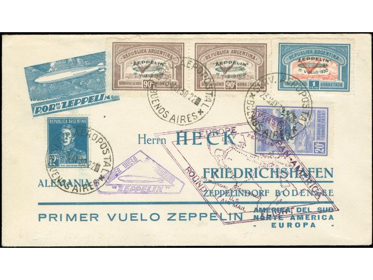 Südamerikafahrt 1930, Argentinien, Brief mit 2 x 90 c. und 1 p. je grüner Aufdruck, bis Friedrichshafen mit rs. Ak.-Stempel
