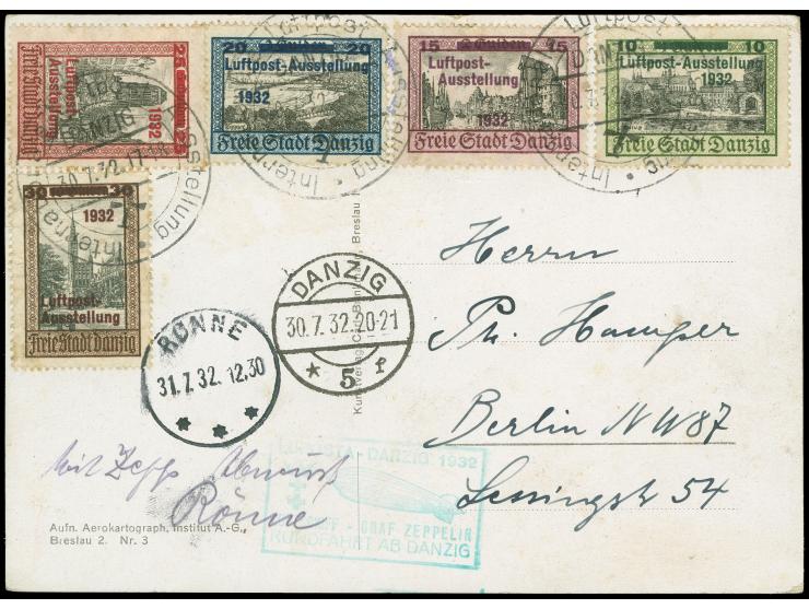 1932, LUPOSTA-Fahrt, Auflieferung Danzig, Karte mit komplettem Luposta-Satz je mit Stempel "Internationale Luftpost Ausstellu