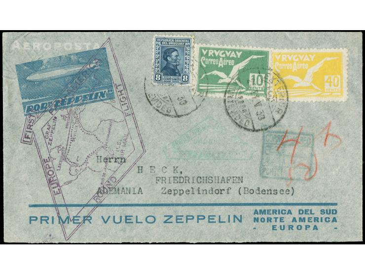 1930, Zeppelin cover from Montevideo 21.5.30 to F’hafen 6.June arrival mark on reverse, violet round trip diamond cachet, box