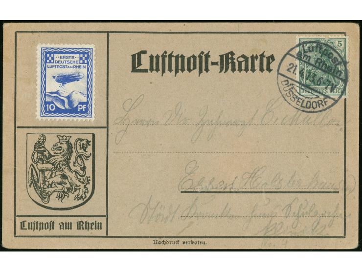 1913, Zeppelinflugtage Düsseldorf 10 Pfennig auf Sonder-Flugpostkarte mit Germania 5 Pfennig mit Flugpost-Stempel "Luftpost a