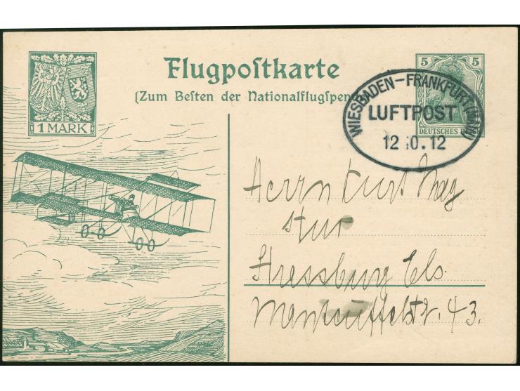 1912, Flugpostkarte 5 Pf / 1 Mark Eulerflugzeug, Luftpoststempel »WIESBADEN - FRANKFURT (MAIN) LUFTPOST 12.10.12« nach Strass
