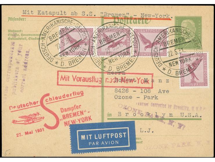 1931, Katapultflug D. Bremen-New York 22.5., 5 Pf. GA-Karte mit 4 x 15 Pf. Flugpost, geschrieben in Hannover, nach Brooklyn U