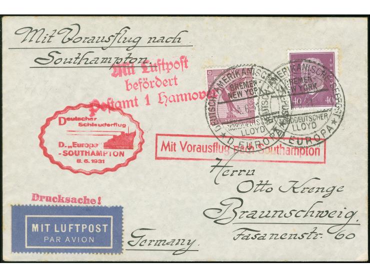 1931, Schleuderflugbbrief nach U.S.A., mit ´Deutschem Schleuderflug D.´´EUROPA´´-Southampton 8.6. 31´ und zusätzlich roter R1