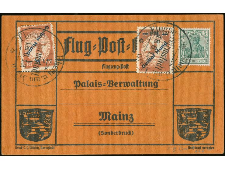 1912, Gelber Hund 1 M., 2 Einzelwerte auf entsprechender Sonderkarte mit Germania 5 Pfg. und Flugpoststempel "Darmstadt 18.6.