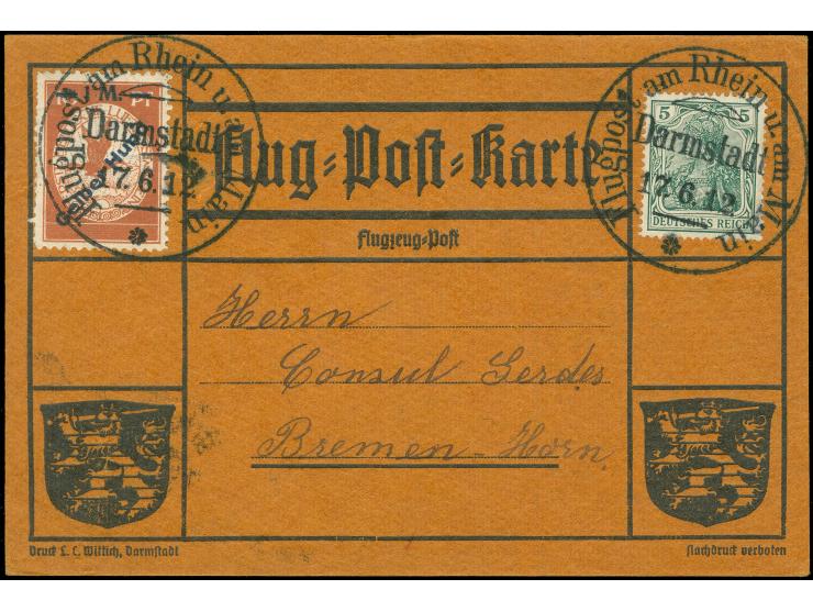 1912, Gelber Hund 1 M. auf entsprechender Sonderkarte mit Germania 5 Pfg. und Flugpoststempel "Darmstadt 17.6.12", einwandfre