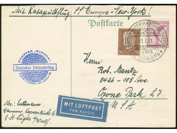 1931, Schleuderflugbbrief nach U.S.A., mit ´DAMPFER EUROPA DEUTSCHER SCHLEUDERFLUG NEW YORK 21.JULI 31' Karte mit 65 Pf.-Fran