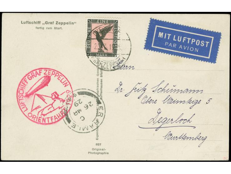 1929, Orientfahrt mit Stempel-Type I und II auf zwei Karten, Gummi- und Stahlstempel, Auflieferung Friedrichshafen und Bordpo