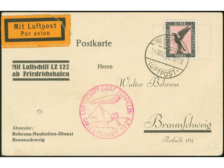 1929, Orientfahrt mit Stempel-Type I und II auf zwei Karten, Gummi- und Stahlstempel, Auflieferung Friedrichshafen und Bordpo