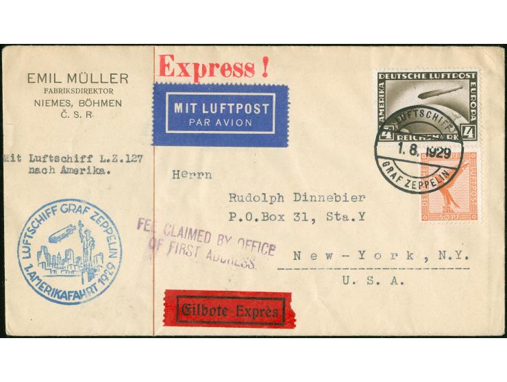 1929, 1.Amerikafahrt 4 M. Zeppelin, doppeltes Porto für Express auf Briefumschlag C.S.R. Niemes Böhmen, Bordpost 1.8.1929, ad