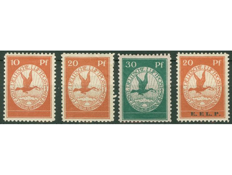 1912, Flugpost Rhein/Main drei Werte und E.EL.P. 20 Pfg. ungebraucht, sehr sauber

