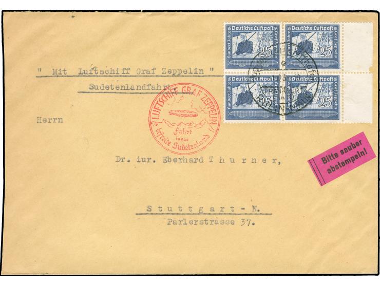 1938, Sudetenlandfahrt zwei Karten und zwei Briefe mit schönen Frankaturen, dabei K1 “Einschreiben unzulässig”
