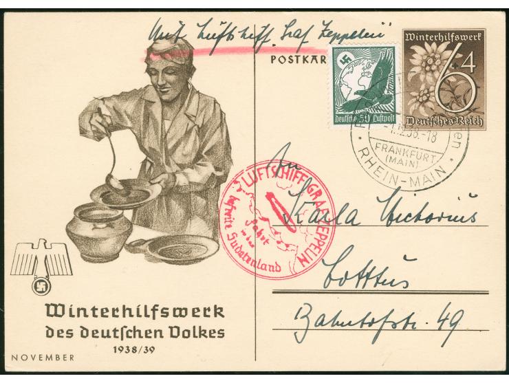 1938, Sudetenlandfahrt zwei Karten und zwei Briefe mit schönen Frankaturen, dabei K1 “Einschreiben unzulässig”
