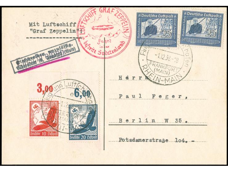 1938, Sudetenlandfahrt zwei Karten und zwei Briefe mit schönen Frankaturen, dabei K1 “Einschreiben unzulässig”
