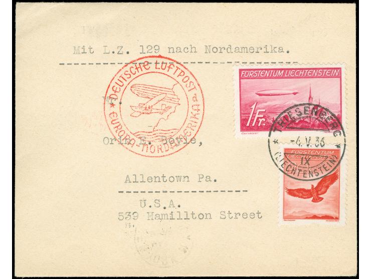 1936, Liechtensteinische Post, Brief mit 1 Fr. Zeppelin 1. Nordamerikafahrt aus Triesenberg, rs. Ank.St. New York 9.5.1936
