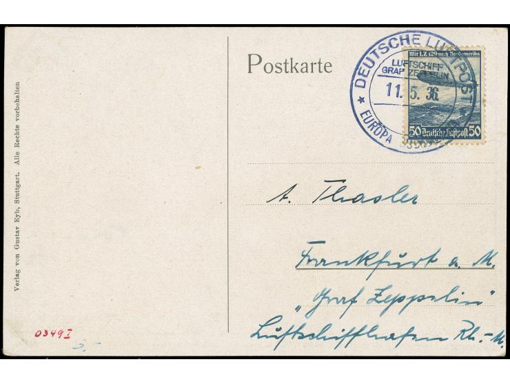 1936, Überführungsfahrt F'hafen - Frankfurt, Bordpost 11.5., Zeppelinkarte mit 50 Pfg Zeppelin, gut erhalten
