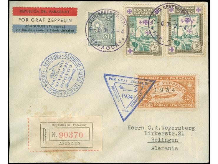 Paraguayische Post: 2. Südamerikafahrt 1934, R-Brief ab Asuncion 9.6.34 mit 2x 2 p. sowie 22,50 p. Zeppelin "1934" in bunter 