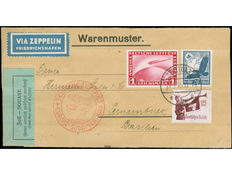 1935, 9. Südamerikafahrt, Warenmuster-Beutel ab Stuttgart 29.7. mit u.a. 1 RM Zeppelin, Anschlussflug nach F'hafen, rs. Ank-S