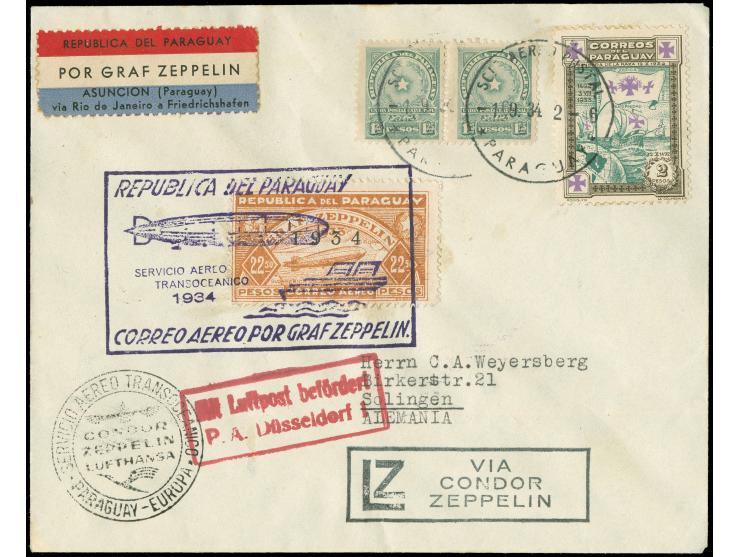 Paraguayische Post: 7. Südamerikafahrt 1934, R-Brief ab Asuncion 1.9.34 mit 2 p. sowie 22,50 p. Zeppelin "1934" in bunter MiF