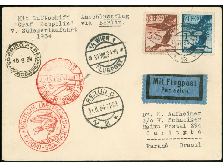 ÖSTERREICH: 7. Südamerikafahrt 1934, Karte mit Flugpost 3 s. und 1 s. ab Wien 31.8.34 nach Curitiba mit Ank.St. 10.9.34
