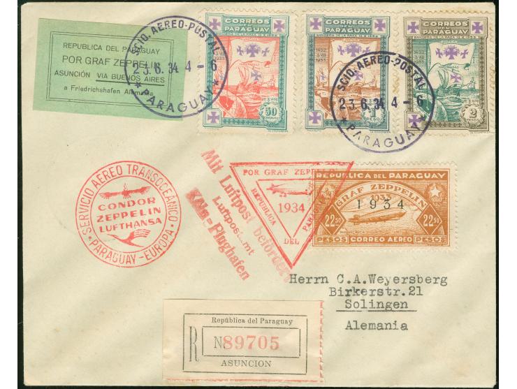 1934, Paraguay 3. Südamerikafahrt, eingeschriebener Brief vom 23.6. mit u.a. 22.50 p. Zeppelinmarken via F'hafen bis Solingen