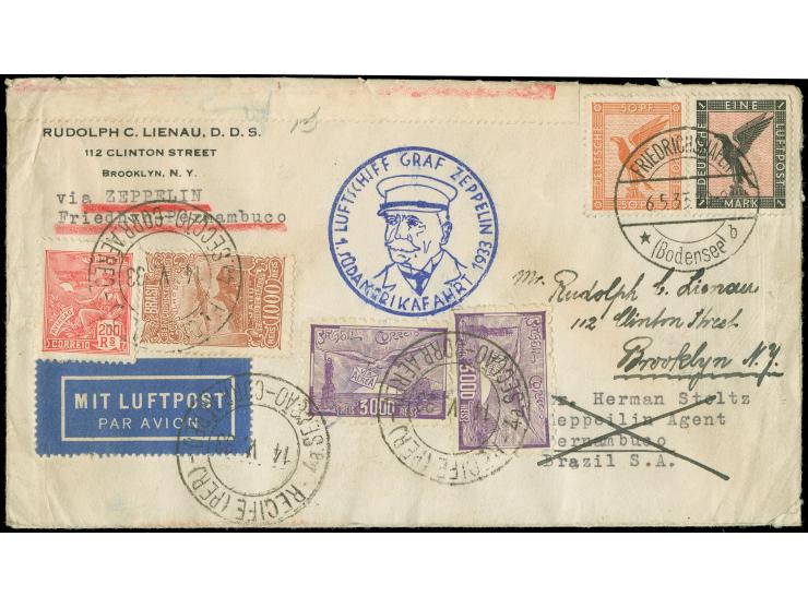 1. Südamerikafahrt 1933, Brief ab Friedrichshafen 6.5. nach New York, Ankunft Recife 14.5. vs., Zweiländer-MiF mit 7.200 Rs a