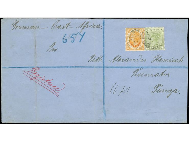 1899, 1 sh. orange and 2 d. olive-green tied to registered cover by ‘DURBAN 17.10.99’ c.d.s., addressed to German East Africa