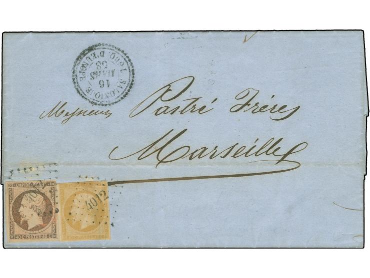 1858, Napoleon 10 c. light brown and 40 c. red-orange (this slightly oxidised) tied by ‘4012’ (Petit Chiffre) to folded envel