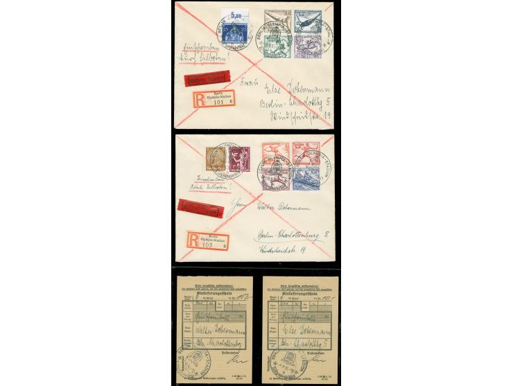 1936, »BERLIN-OLYMPIA STADION 9.8.1936« auf zwei Express R-Briefen frankiert mit Herzstücken aus Block 5+6 mit Sonder-R-Zette