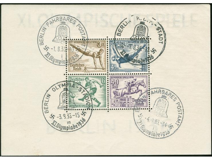 1936, Olympiablöcke beide auf dickem Papier (über 0,20mm) je mit zwei versch. ESSt. Berlin K.d.F.-Stadt bzw. Fahrbares Postam