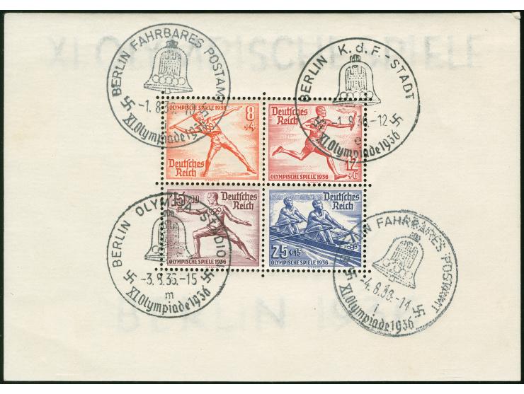 1936, Olympiablöcke beide auf dickem Papier (über 0,20mm) je mit zwei versch. ESSt. Berlin K.d.F.-Stadt bzw. Fahrbares Postam