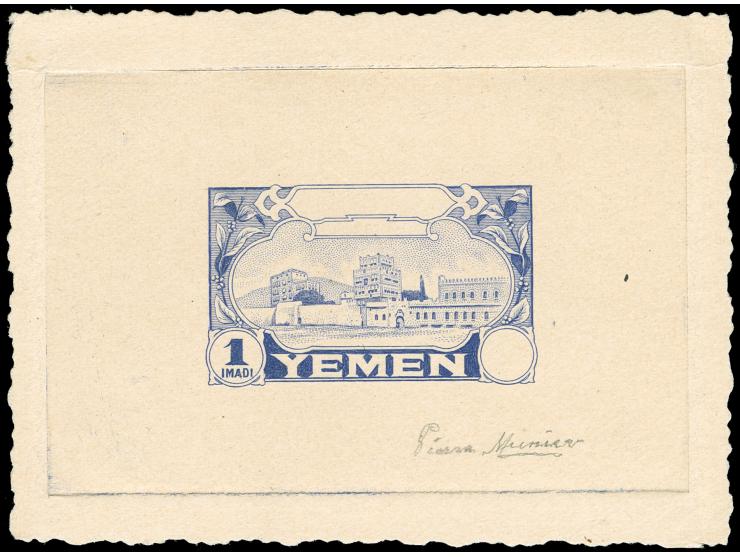1947, Palast 1 imadi ultramarine, unissued die proof with inscriptions and value tablets blank on sunken card (64 x 44mm), si