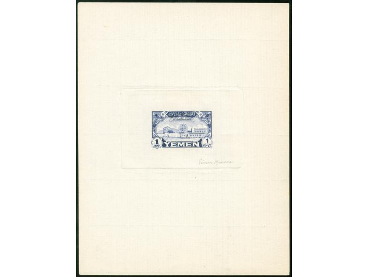1947, Palast 1 imadi ultramarine, unissued die proof with inscriptions on large sunken card, signed by the engraver in pencil