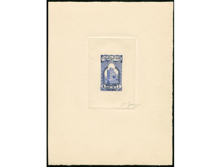 1947, Palace Sanaa 4 b. deep blue, die proof with inscriptions on large sunken card, signed by the engraver in pencil. Very F