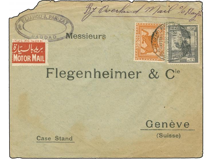 1925, 2 a. ochre and 4 a. deep lilac tied to cover by BAGDAD 31/MAR/25 c.d.s. endorsed 'By Overland Mail c/o Haifa' with red 