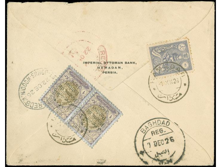 1926, Regne de Pahlavi issue 1 kr. pair on reverse of Ottoman Bank cover from Hamadan 1/12/26, on front red ms. “By OVERLAND 