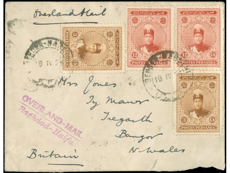 1926, Shah Ahmed issue 2 x 3 ch. and 2 x 12 ch. on cover from Bender-Nassehi 19/4/26, violet “By OVERLAND MAIL BAGHDAD-HAIFA”