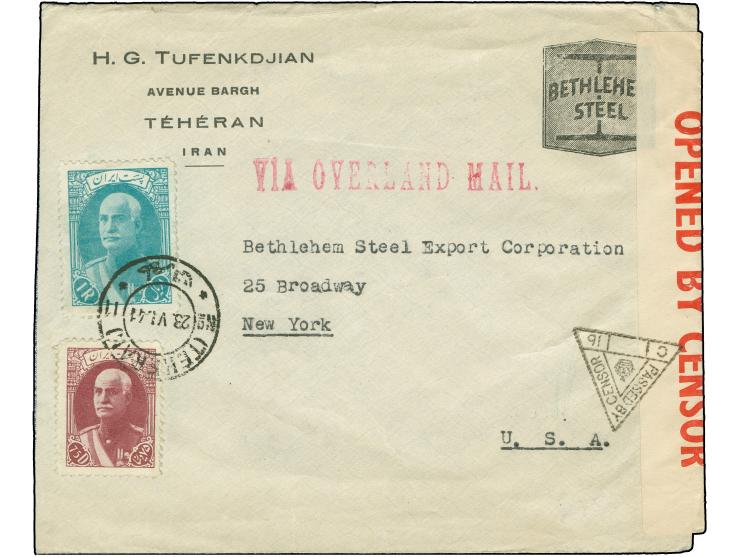 1941, Shah Resa Pahlewi 75 d. and 1 r. on reverse of commercial cover Bethlehem Steel from Teheran, red cancellation “VIA OVE