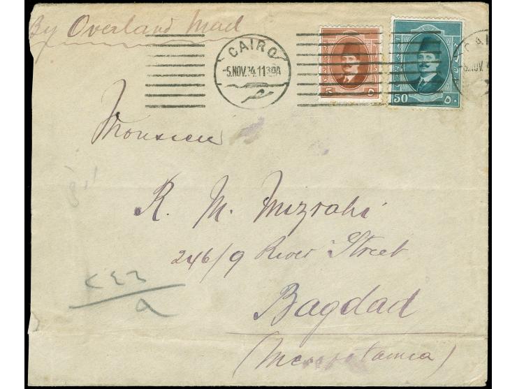 1924, King Fuad 5 m. and 50 m. on cover from Cairo 5.11.24, ms. “BY OVERLAND MAIL” on top left, on reverse arrival mark Bagda