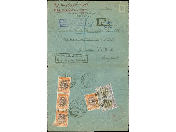 1927, Regne de Pahlavi pair 1 kr. and 4 x 1 ch. on reverse of registered cover from Chiraz 5/8/26, on front red and black ms.