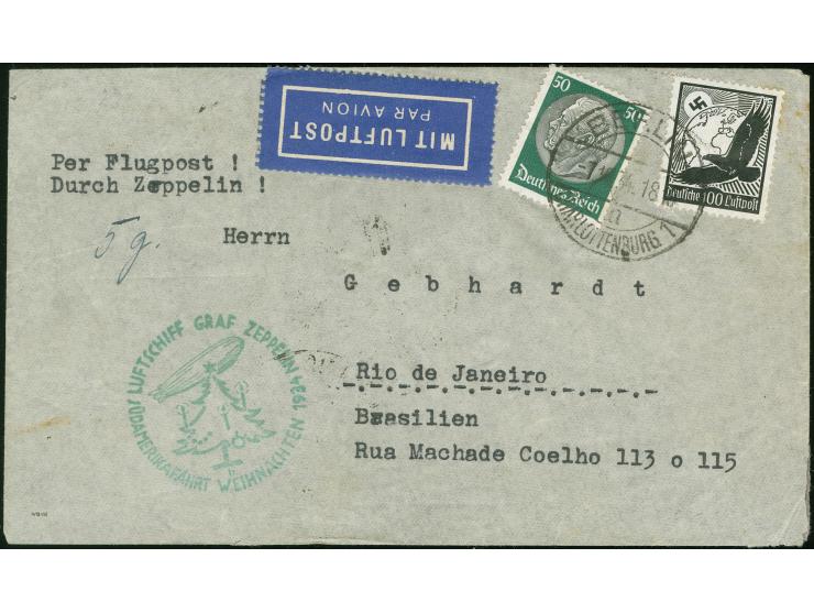 1934, 12. Südamerikafahrt (Weihnachtsfahrt) mit Auflieferung BERLIN 7.12.34 mit Steinadler 100 Pfg. und Hindenburg 50 Pfg. na