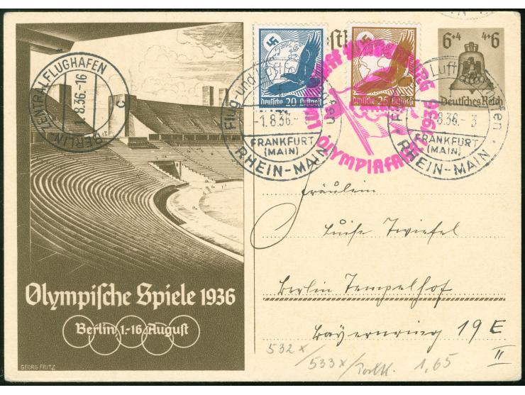 1936, Olympiafahrt drei Belege ab Frankfurt, dabei GA-Karte nach Berlin, Karte über Berlin nach Ostpreussen und Heftchenblatt