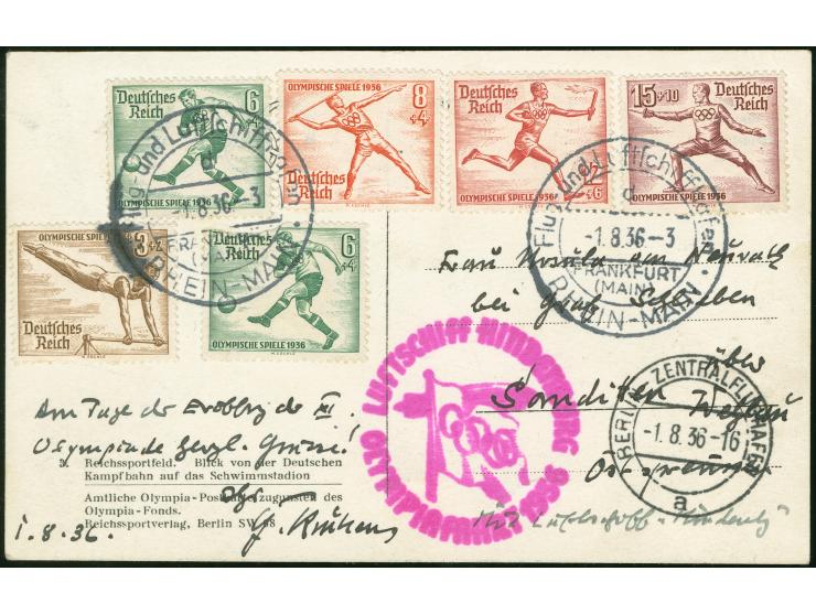 1936, Olympiafahrt drei Belege ab Frankfurt, dabei GA-Karte nach Berlin, Karte über Berlin nach Ostpreussen und Heftchenblatt