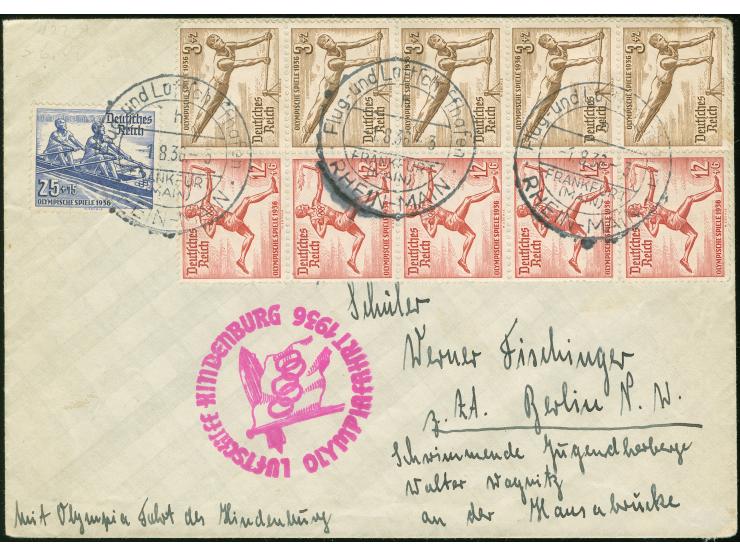 1936, Olympiafahrt drei Belege ab Frankfurt, dabei GA-Karte nach Berlin, Karte über Berlin nach Ostpreussen und Heftchenblatt